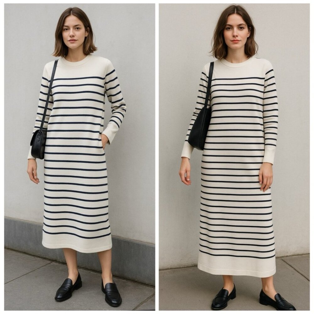 Zara Ecru Striped Midi Sweater Dress, NWT, S